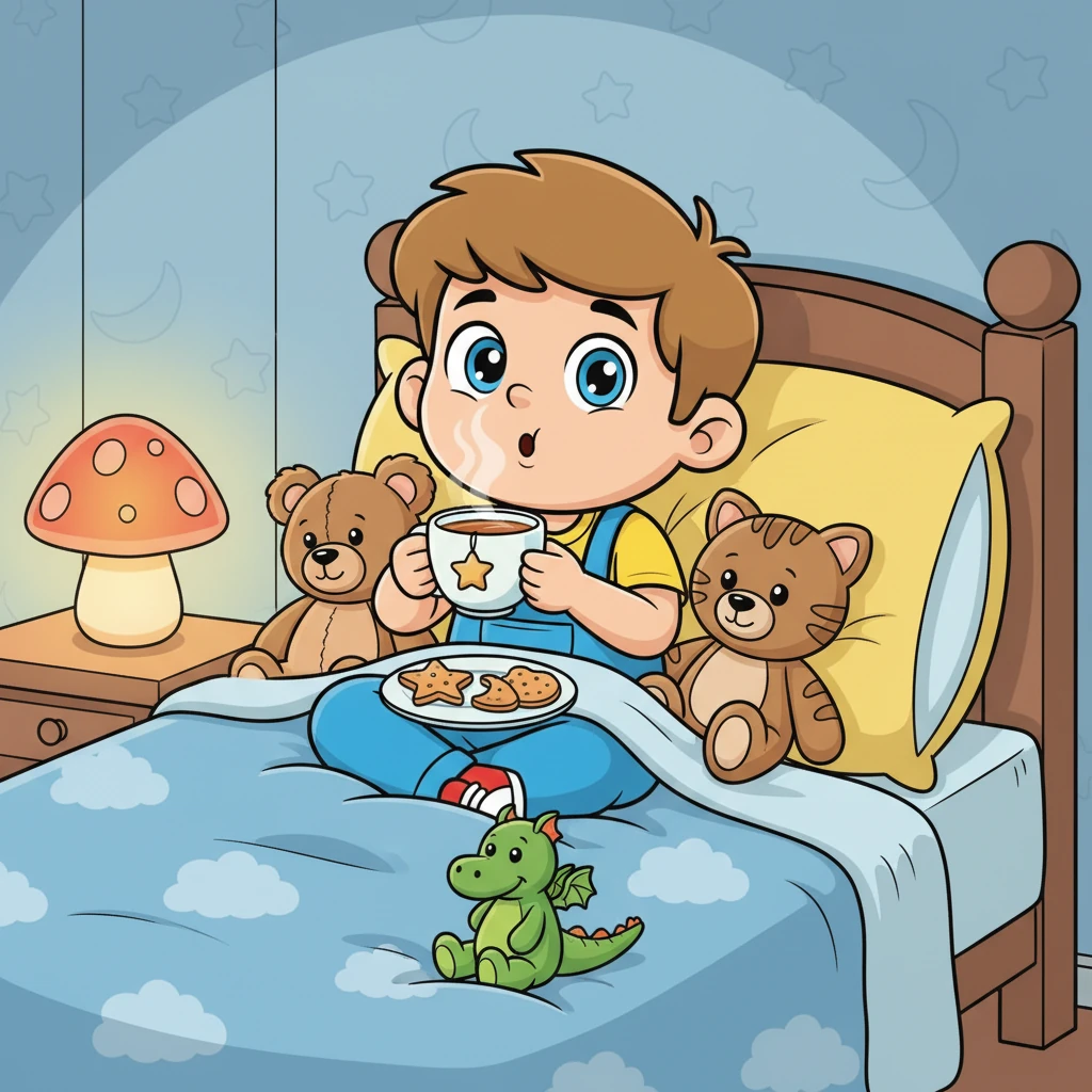 Kurz vor dem Schlafengehen trinkt Leo eine warme Tasse Tee und isst einen kleinen, leckeren Snack. Er sitzt gemütlich im Bett, umgeben von seinen Kuscheltieren. Ein perfekter Abschluss für einen schönen Tag.