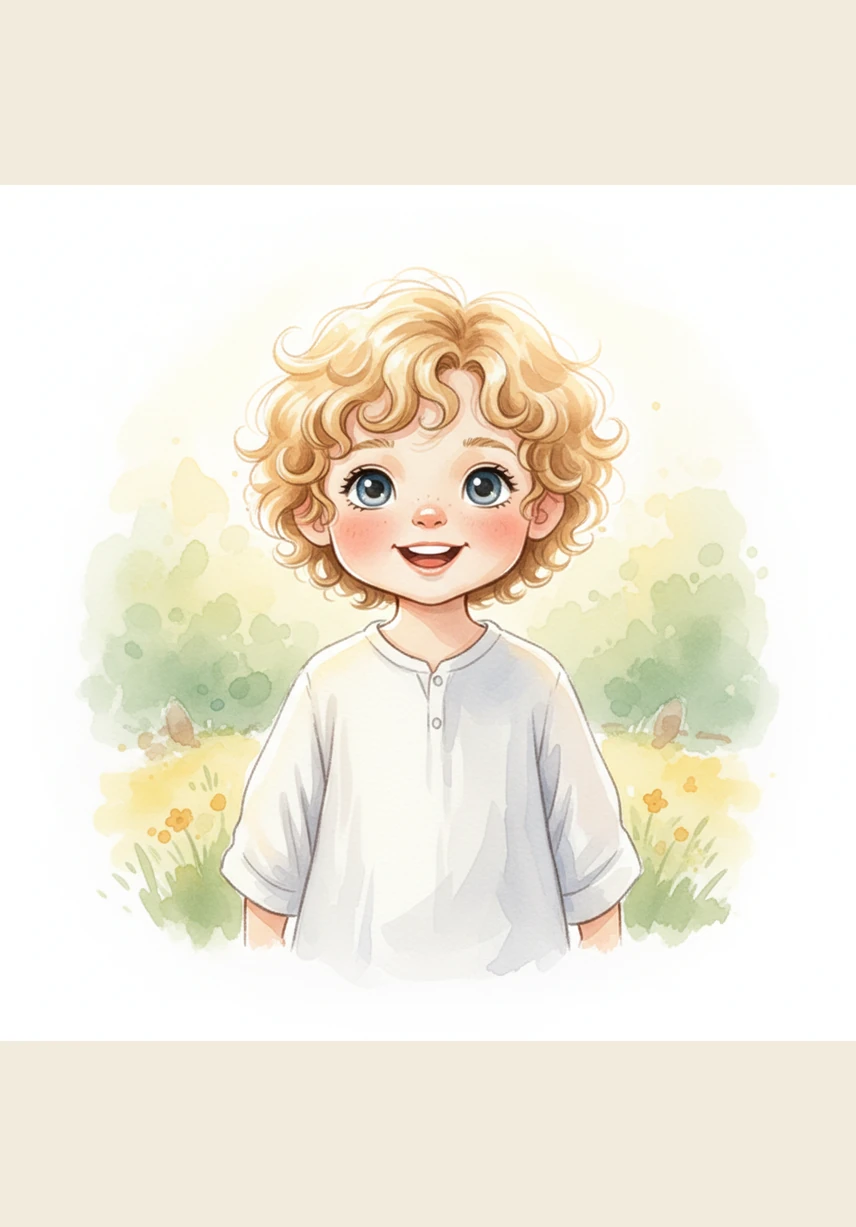 Маленький Лука стоит в своей любимой белой рубашке, и его лицо озаряет самая искренняя улыбка на свете. Мягкий солнечный свет падает на его темные волосы, создавая вокруг него ореол тепла и доброты. Он смотрит прямо на нас, словно приглашая разделить этот радостный момент.