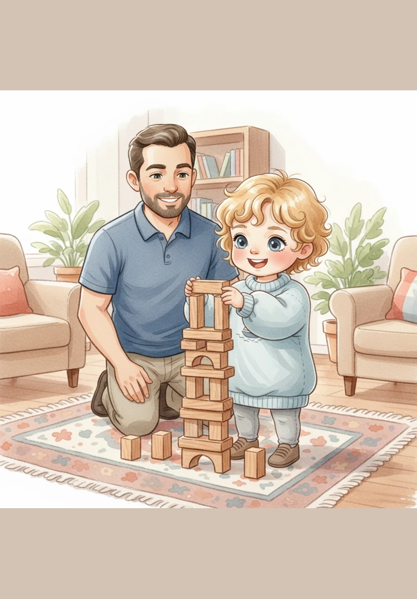 В гостиной Лука увлеченно строит башню из деревянных кубиков на ковре. Его маленькие пальчики аккуратно ставят один блок на другой, а на лице читается серьезность пополам с восторгом. Каждый новый уровень башни — это маленькая победа, вызывающая тихий и гордый смех.