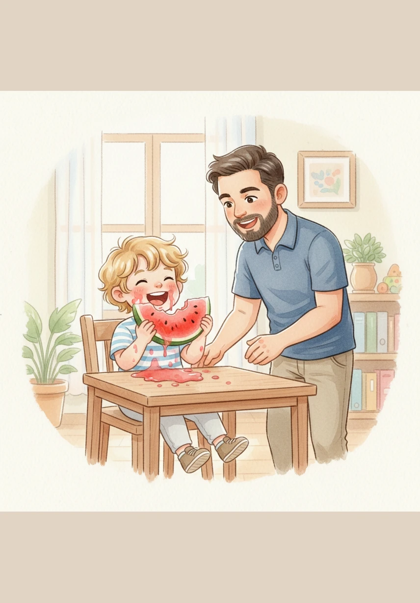 Наступило время полдника, и Лука с аппетитом ест большой сочный ломтик спелого арбуза. Сладкий розовый сок стекает по его подбородку, но он совсем не расстроен, ведь это так весело и вкусно. Его звонкий смех разносится по всему дому, наполняя каждую комнату жизнью и энергией.