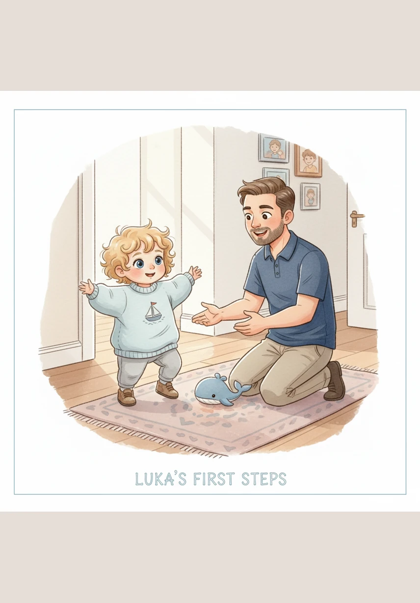 Лука находит в прихожей папины огромные ботинки и решает их примерить, чтобы стать совсем как взрослый. Он делает неуклюжий шаг, почти утопая в массивной обуви, и заливается смехом от собственной забавной затеи. В этот миг он чувствует себя очень важным и смелым путешественником.