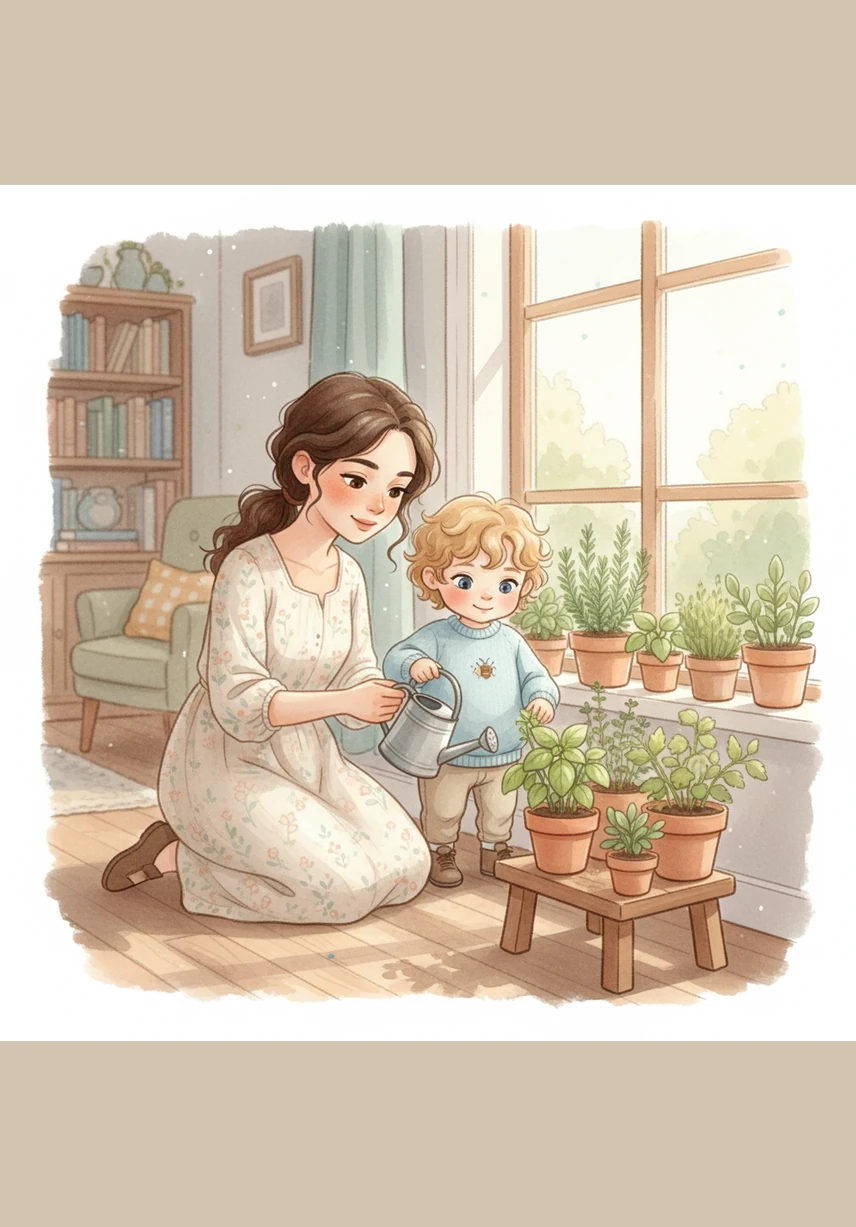 Вместе с мамой Лука берется за важную задачу — полив домашних цветов из маленькой лейки. Он старательно целится в горшки, и несколько прохладных капель воды случайно попадают ему на кончик носа. Это вызывает новую волну веселья, и обычная работа превращается в увлекательную водную игру.