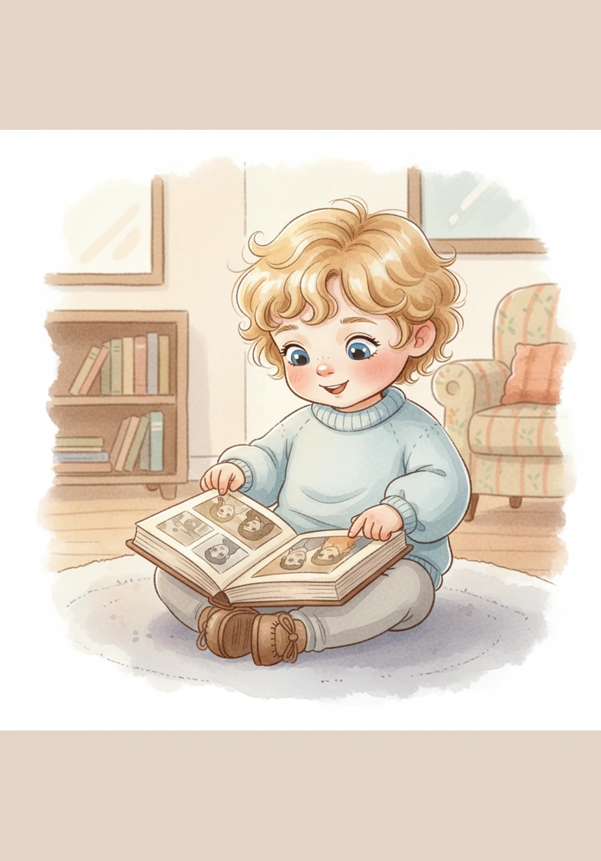 Вечером Лука рассматривает старый семейный фотоальбом, медленно листая страницы своими маленькими ручками. Он узнает на черно-белых и цветных снимках маму и папу, когда те были совсем молодыми, и радостно тычет пальчиком в знакомые лица. История его семьи оживает в его глазах, полных любви и узнавания.