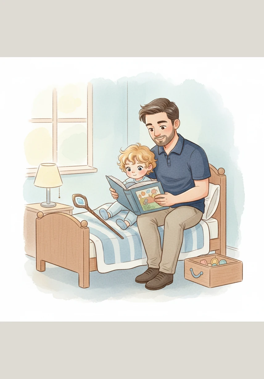 Пришло время готовиться ко сну, и папа садится рядом, чтобы прочитать Луке его самую любимую сказку. Мальчик внимательно слушает каждое слово, его веки постепенно становятся тяжелыми, но на губах всё еще играет сонная и счастливая улыбка. Волшебные миры из книги плавно уносят его в страну чудесных грез.