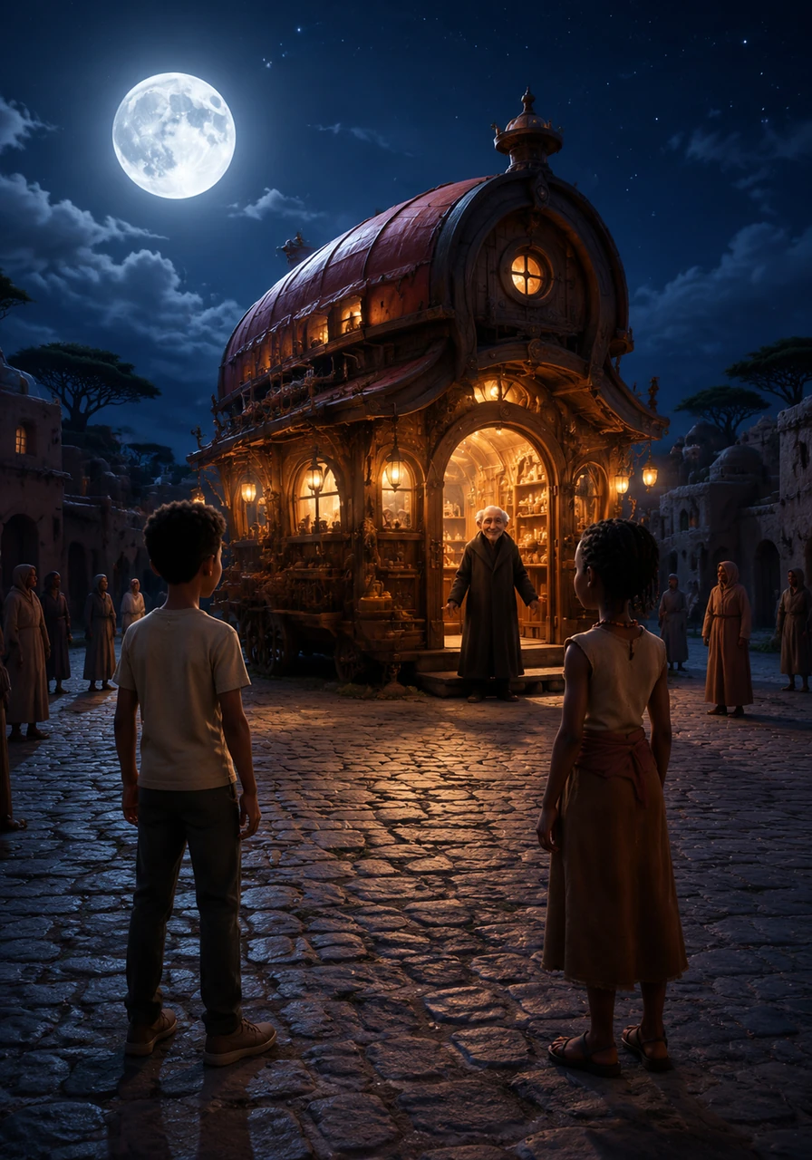In the quiet town of Koulma, life was simple and predictable, leaving the townsfolk secretly longing for something grander. One evening, under the soft glow of a full moon, a strange new shop mysteriously appeared in the center of the market square.