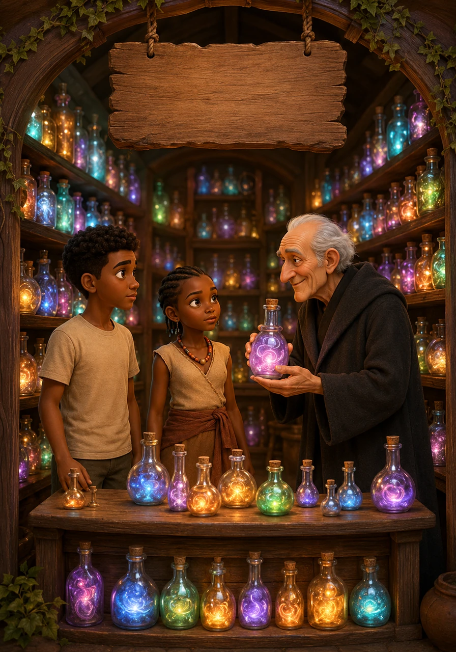 Suspended above the entrance was a rustic wooden sign reading The Merchant of Dreams. Inside, hundreds of luminous bottles filled with vibrant, swirling colors lined the shelves, each one containing a different beautiful dream.