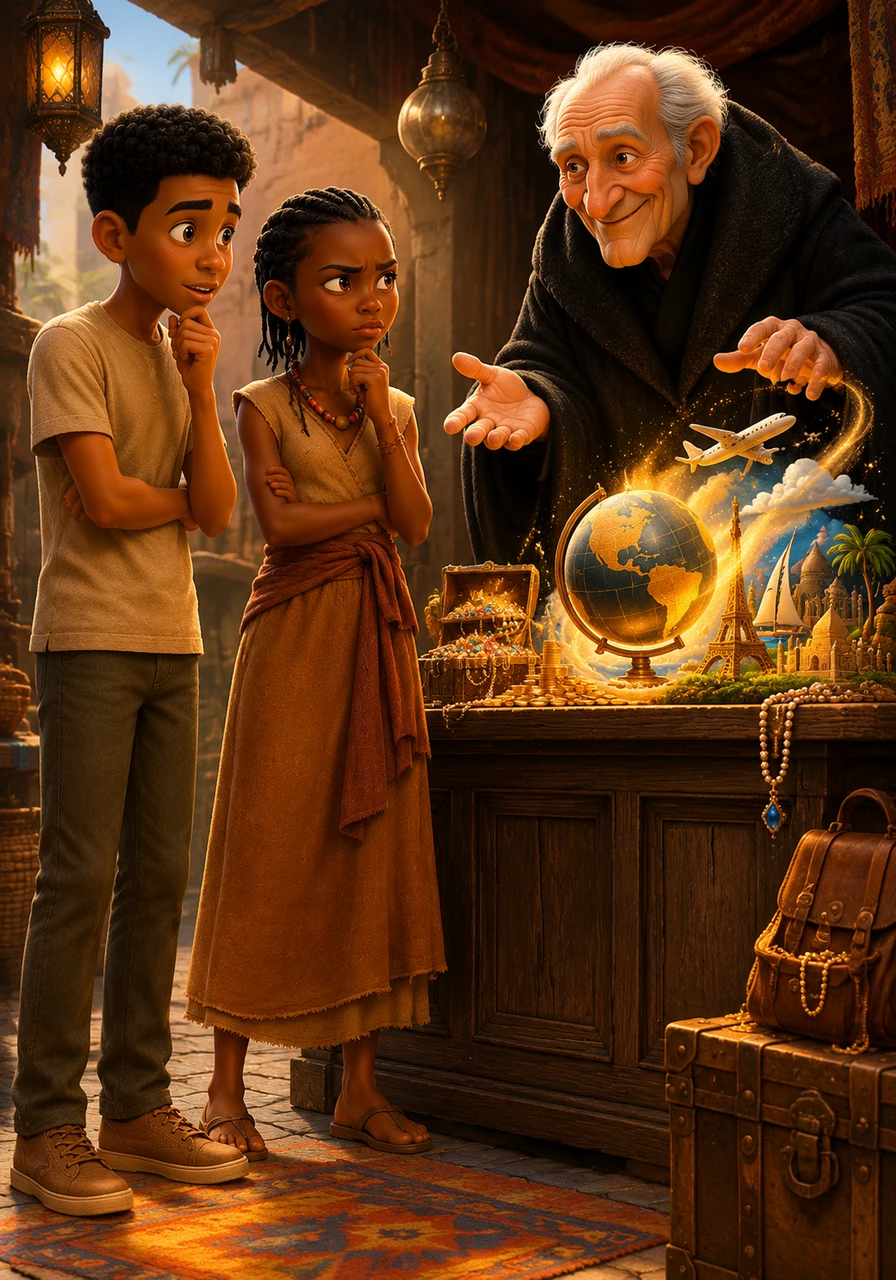 Behind the counter stood a mysterious old man enveloped in a long black cloak, offering to sell life-changing success, wealth, and world travel for a ridiculously low price. While Ibrahim looked on with curiosity, his best friend Awa remained deeply suspicious of how easy it all seemed.