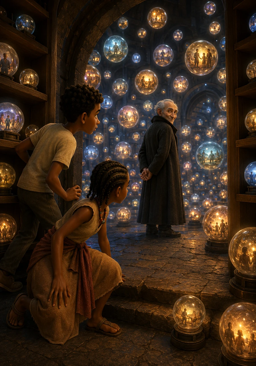 Determined to find the truth behind the stolen memories, Ibrahim and Awa snuck back into the marketplace shop deep in the dead of night. Hidden behind the glowing shelves, they discovered a massive secret chamber filled with thousands of floating, radiant spheres holding the town's precious memories.