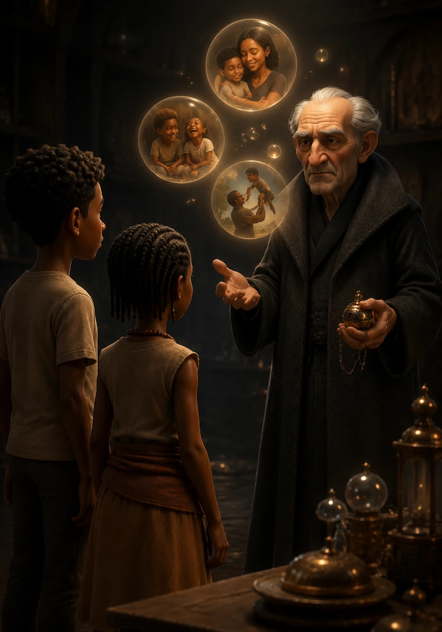 Suddenly, the old merchant stepped out from the shadows, his welcoming smile completely gone. He coldly explained that every dream has a price, and that he simply took what was most valuable from them—their real-life memories of joy, love, and laughter.