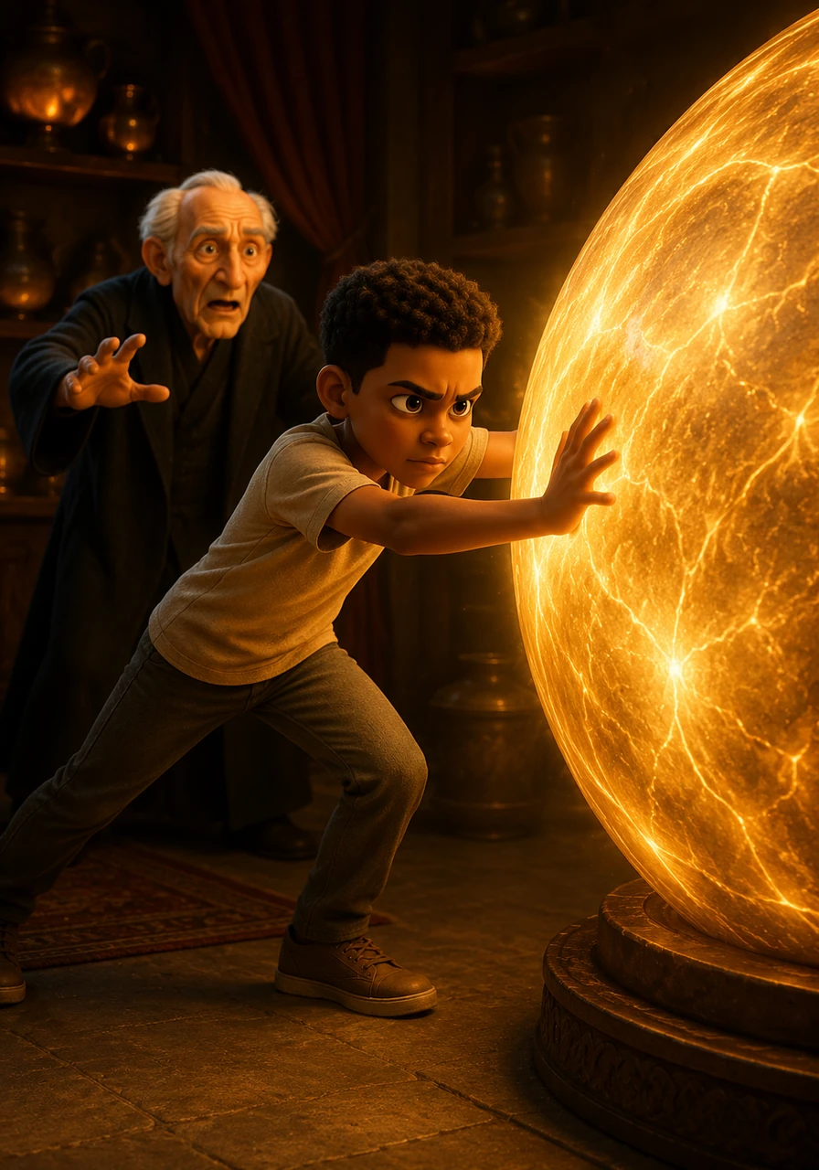 Refusing to let the merchant keep the town's soul, Ibrahim spotted a massive, glowing golden sphere in the center of the room that powered all the magic. Before the old man could stop him, Ibrahim lunged forward and pressed his hands against the warm, brilliant surface.