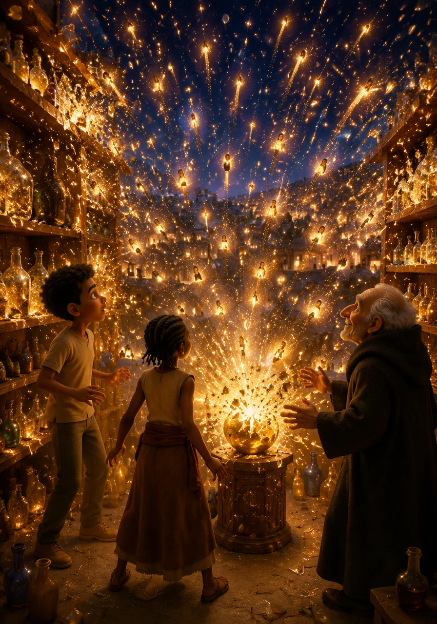 The golden sphere shattered, unleashing a blinding wave of light that caused every bottle in the shop to explode into a dazzling shower of sparks. The stolen memories swirled into the night air like a sea of shooting stars, raining down upon the sleeping town and returning to their rightful owners.