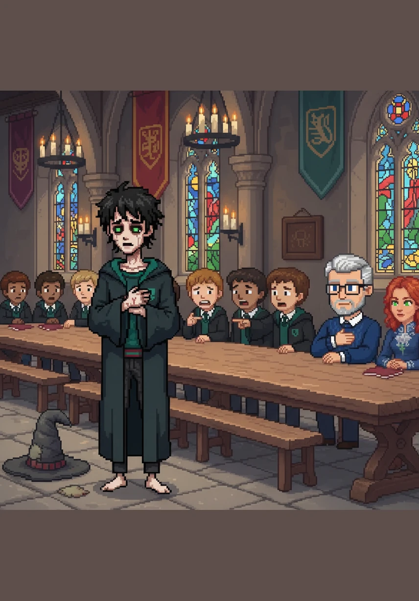 Den stora salen tystnade när sorteringshatten ropade ut Slytherin för Harry, medan hans tvillingbror Charles, med sina bruna ögon och ett brett leende, välkomnades till Gryffindor. James och Lily applåderade stolt för Charles, men deras blickar undvek Harry som nu satt ensam vid det silvergröna bordet, långt ifrån sin familjs värme.