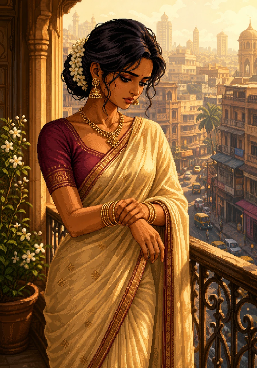 Amara stands on her balcony overlooking the bustling streets of Mumbai, her gold bangles clinking softly as she adjusts her silk sari. Though her home is filled with the comforts of a successful life with her husband, Arjun, a lingering sense of isolation clouds her eyes. The humid air carries the scent of jasmine and exhaust, mirroring the heavy restlessness in her heart.