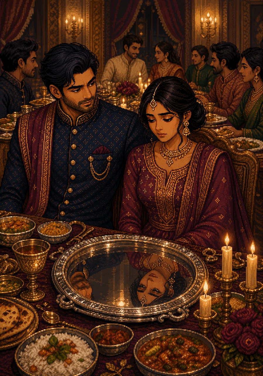 During a lavish family dinner, Amara sits beside Arjun, playing the role of the perfect, dutiful wife while her mind wanders to Kabir’s laughter. Every touch from her husband feels heavy with the weight of a lie, and the traditional music playing in the background feels like a rhythmic reminder of her breaking vows. She catches her reflection in a silver platter and hardly recognizes the woman staring back.