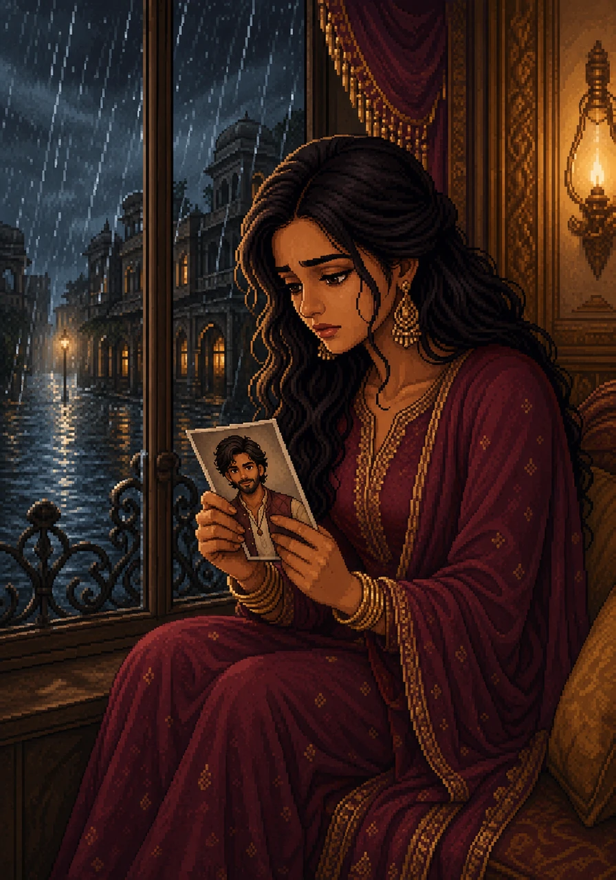 The monsoon rains arrive with a vengeance, flooding the streets and keeping Amara trapped inside her home with her thoughts. She stares at a hidden photograph of Kabir, the sound of the downpour echoing the storm of emotions raging within her. The comfort of her marriage now feels like a golden cage, and the rain seems to wash away her resolve to stay.