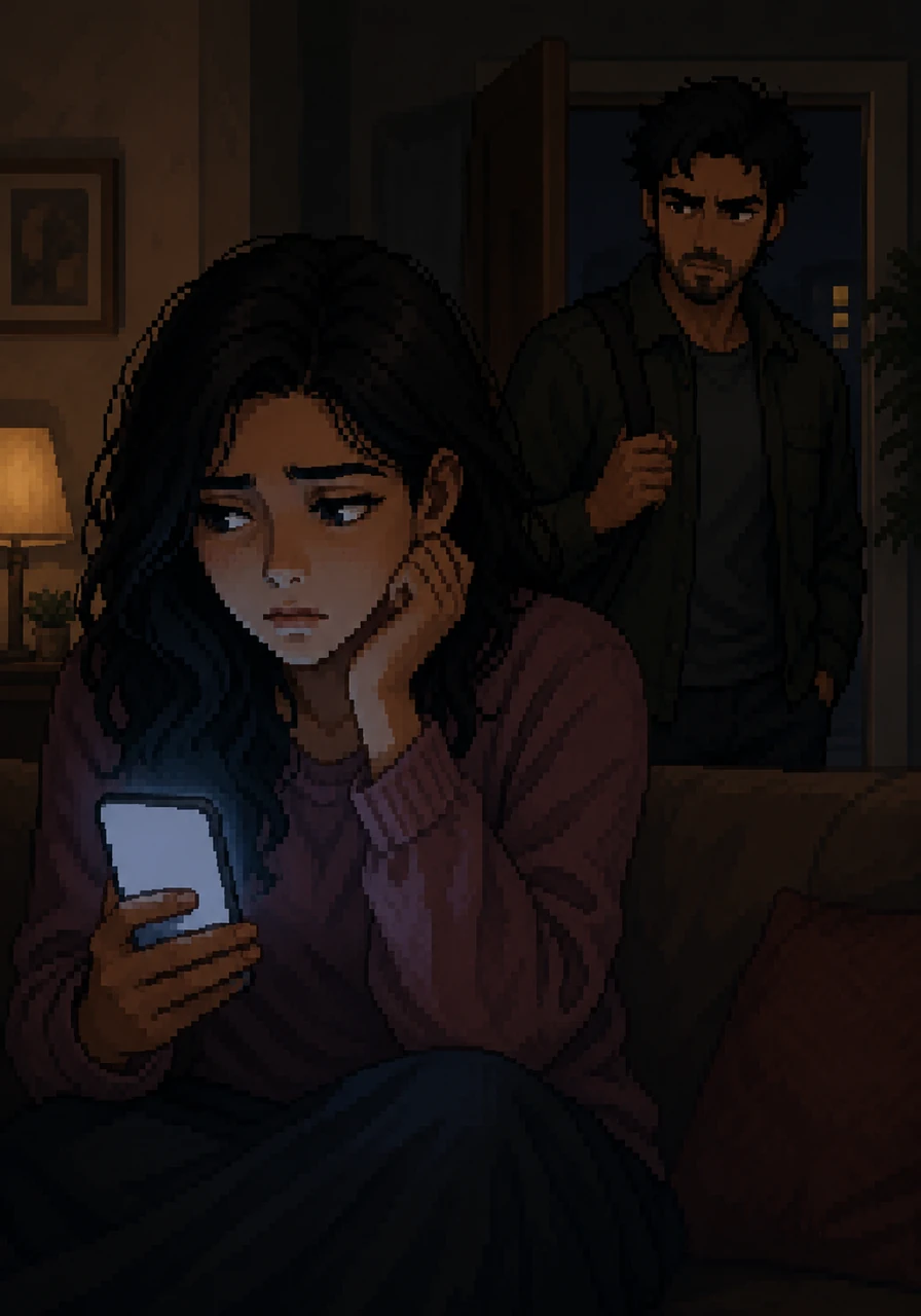 Arjun returns home early one evening, finding Amara distracted and her phone glowing with an unsent message. A tense silence fills the room as he looks at her, the first seeds of suspicion taking root in his mind. The air is thick with unspoken questions, and the vibrant colors of their home seem to dim under the pressure of the growing divide.