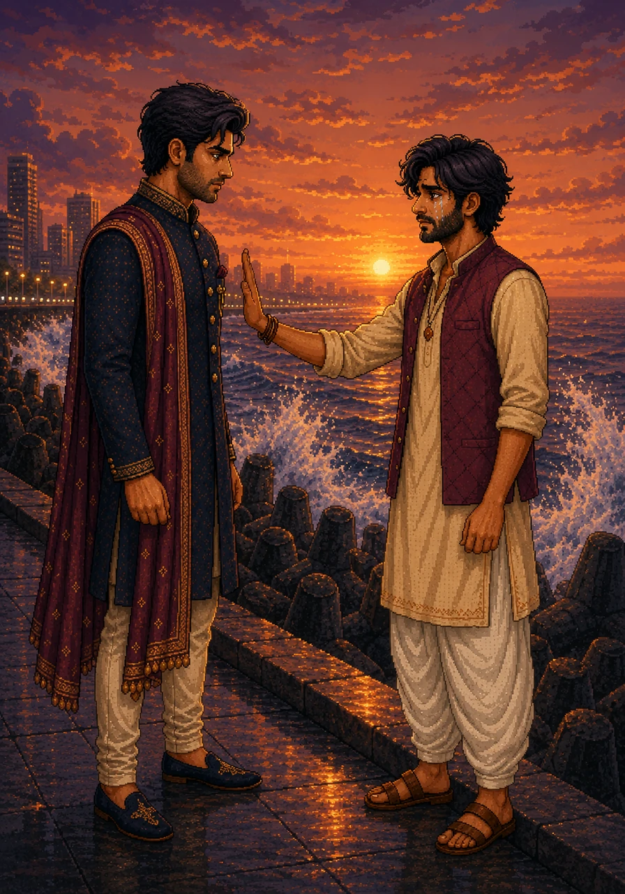 Amara meets Kabir one last time at the Marine Drive seawall, the waves crashing violently against the tetrapods as the sun sets. She realizes that while Kabir offered her an escape, she cannot build a future on the ruins of her integrity and the pain of others. It is a tearful confrontation where the reality of their situation finally outweighs the fantasy of their romance.