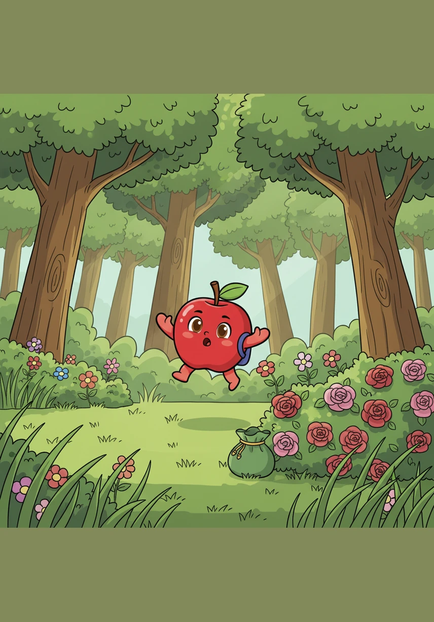 في غابة الفرح الساحرة، حيث تتمايل الأشجار العالية وتفوح رائحة الأزهار، كان التفاح الصغير 'تُفَّاح' يقفز بنشاط بين الأعشاب الطويلة حتى تعثر بكيس حريري أخضر مخبأ بعناية تحت شجيرة ورد.