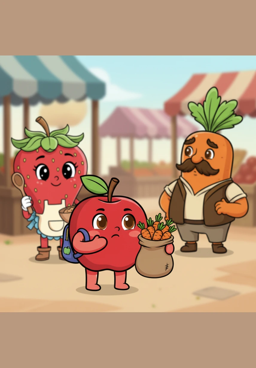 توقف 'تُفَّاح' عن التفكير في شراء الجزر اللذيذ وتذكر أهمية الأمانة، فقرر بقلب نقي أن يبحث عن صاحب هذا الكيس ليعيده إليه، لأن المال ليس من حقه.