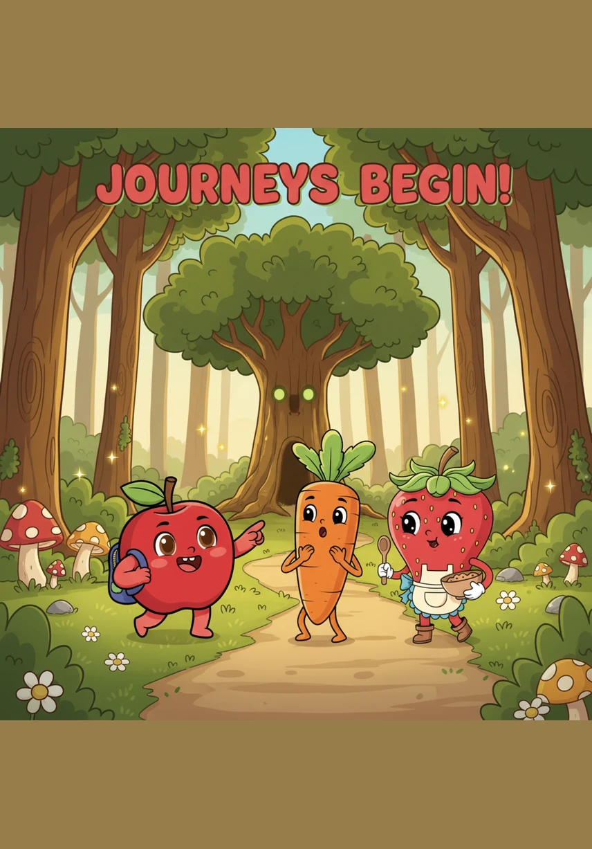 بدأ 'تُفَّاح' رحلة البحث في أرجاء الغابة، فالتقى بصديقه الجزر 'جَزَّار' الذي كان يقف بهدوء وسط أوراق الشجر المتساقطة، وسأله إن كان قد فقد كيساً ذهبياً اليوم.