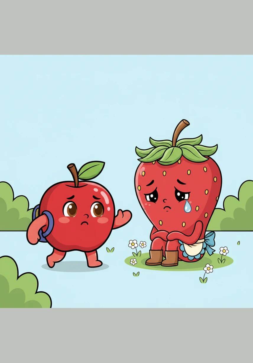 وجد 'تُفَّاح' الفراولة 'فَرْحَة' تجلس وحيدة وعلى وجهها الأحمر اللامع قطرة ماء صافية تشبه الدمعة، تعبيراً عن حزنها الشديد لفقدان شيء غالٍ عليها.