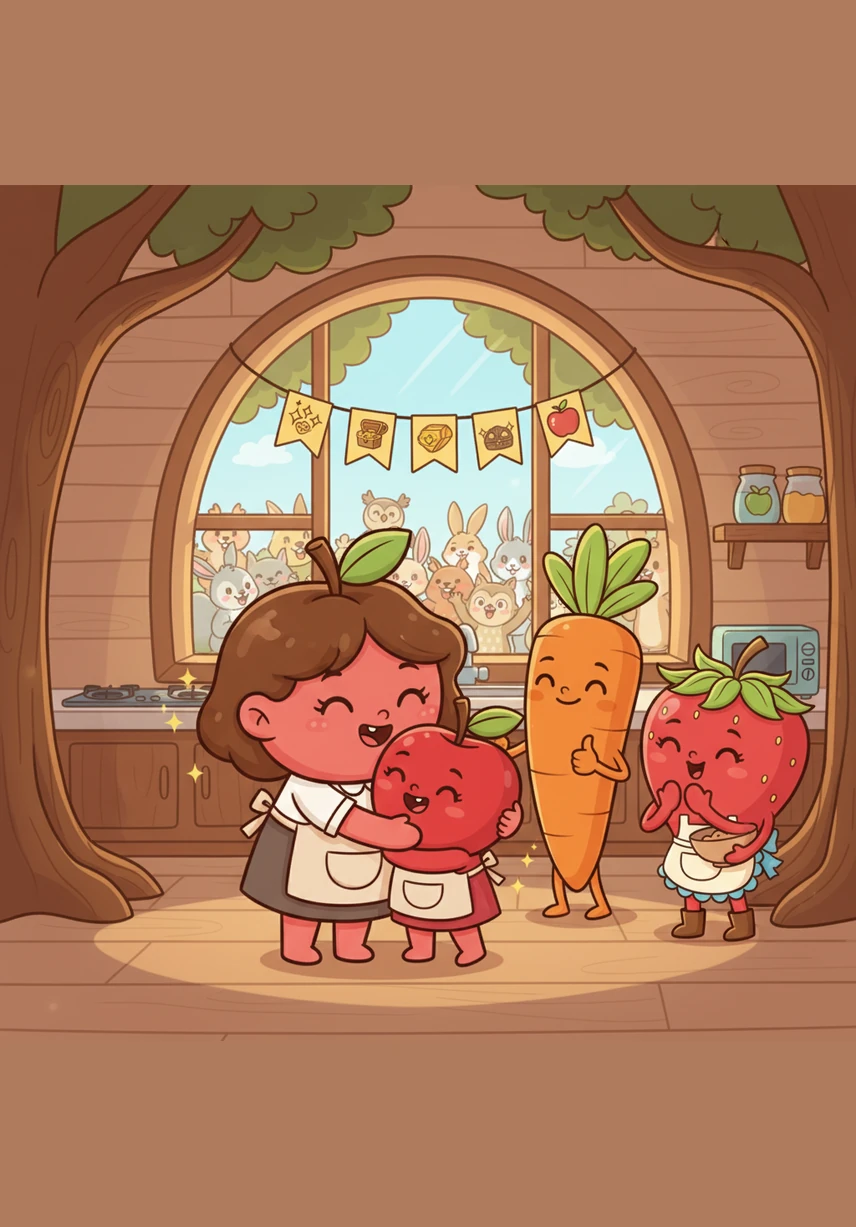 عاد 'تُفَّاح' إلى بيته لتستقبله أمه بفخر كبير وتضمه إليها، بينما انتشر الخبر في الغابة وأصبحت الأمانة هي الكنز الذي يفتخر به الجميع في غابة الفرح.