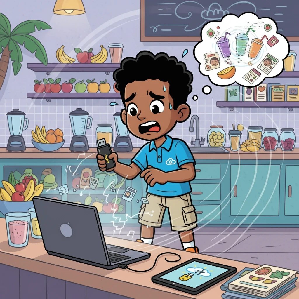 One day, Shanice was using her USB drive to back up the recipe book and some customer data for Auntie Blossom. Suddenly, the drive stopped working! All the data, including precious customer orders and secret recipes, were gone. Panic set in; the smoothie shop couldn't function without the data.