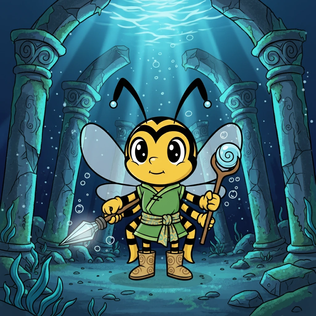 Hornet adentra o templo submerso em tons de azul espectral, a luz filtrando-se por entre as ruínas. O ar está pesado, carregado de um poder antigo, e a expectativa paira sobre ela como uma névoa fria. Sua lança, pronta para o combate, reflete a serenidade e a determinação em seus olhos.