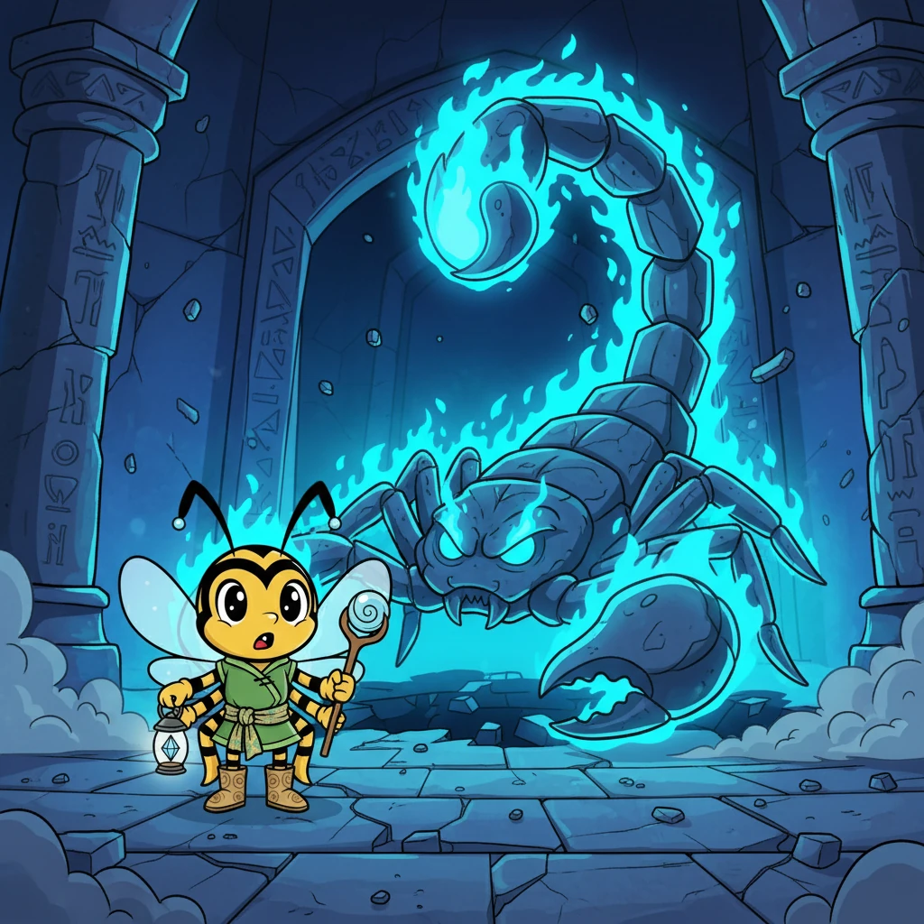 A estátua de Lumescor, o escorpião envolto em chamas azuis, desperta com um tremor. A sala estremece, e a luz azul pulsa, revelando a imponente figura do Julgador. Seus olhos cianos fixam-se em Hornet, prenunciando o desafio que está por vir.