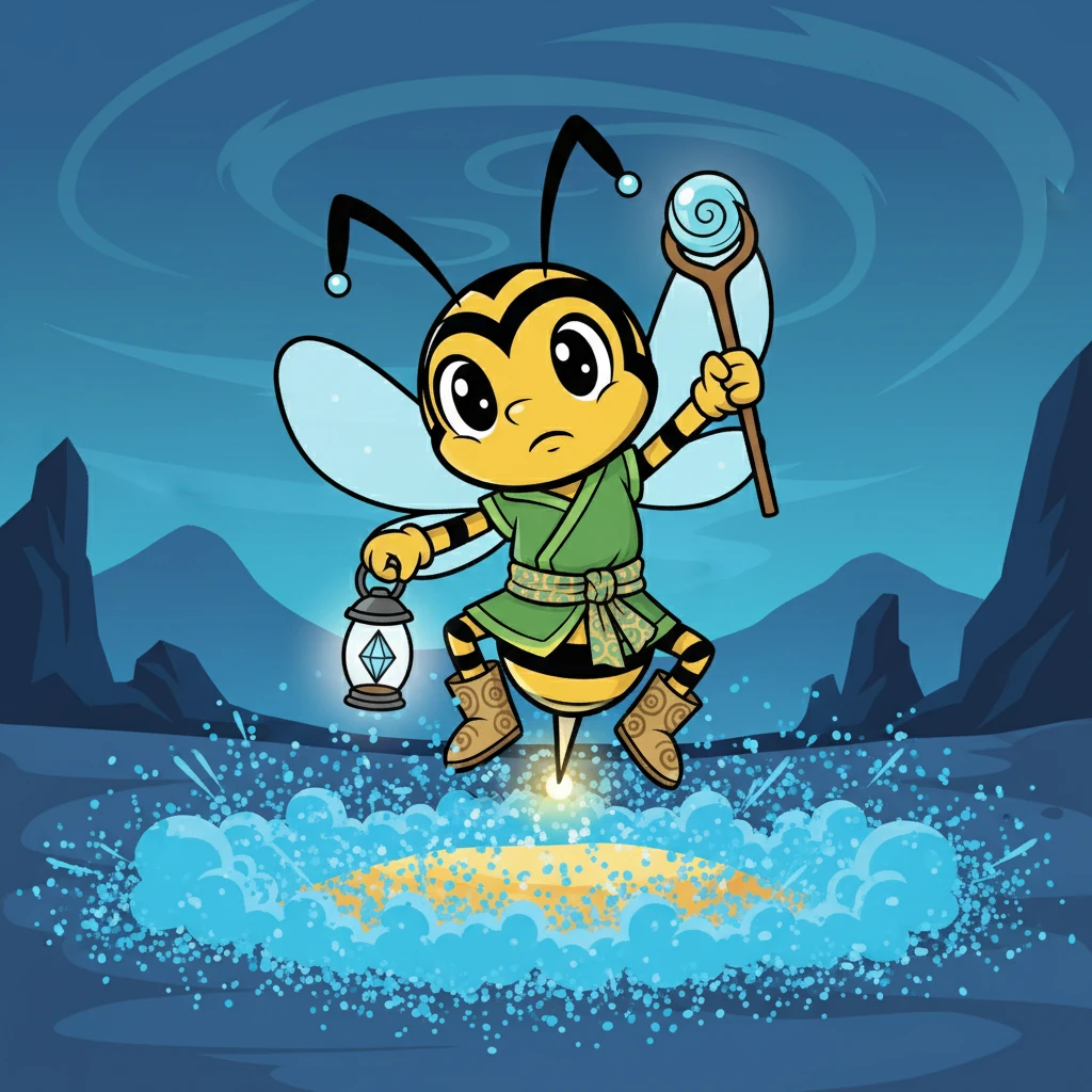 Lumescor emerge do solo, seu ferrão brilhando intensamente. A areia azul se espalha, e ele se ergue majestosamente, pronto para o confronto final. A tensão é palpável, e a batalha está prestes a começar.