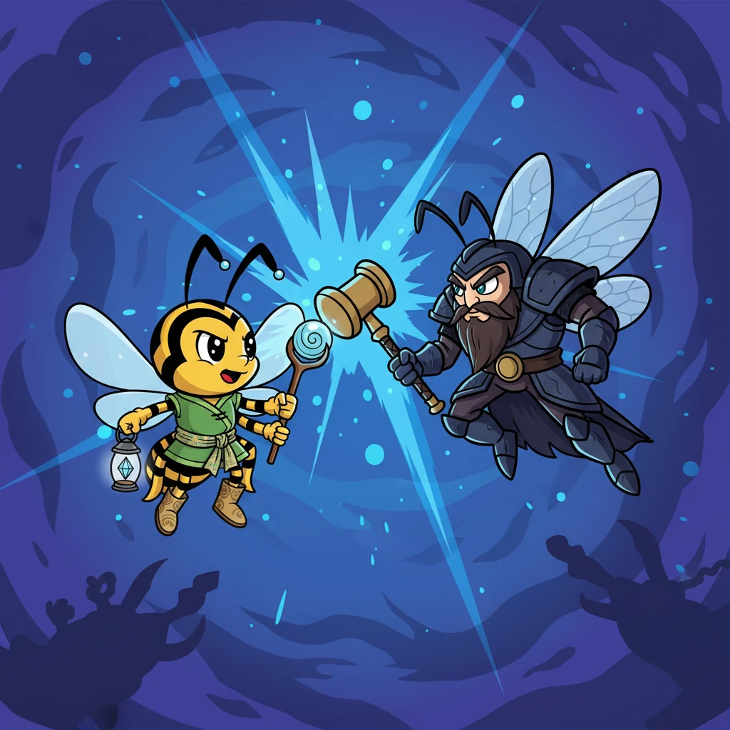 A luta final se desenrola em meio à luz azul e às sombras. Hornet e Lumescor trocam golpes, cada movimento carregado de significado. A força de vontade de Hornet se choca contra a sabedoria do Julgador, em uma dança mortal.