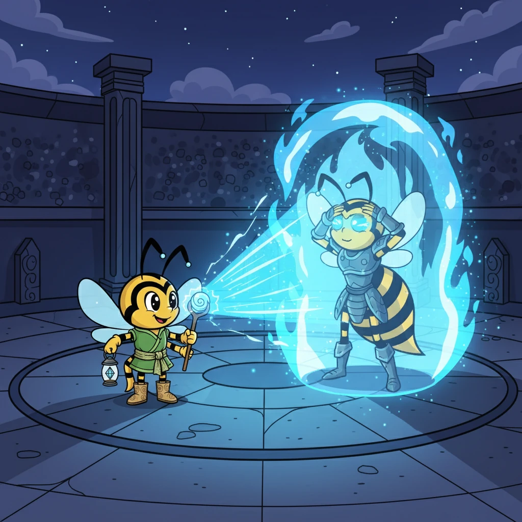 Lumescor utiliza sua Luz do Julgamento, cegando Hornet momentaneamente. A chama azul envolve a guerreira, purificando-a e testando sua alma. A arena se ilumina com o poder do Julgador.