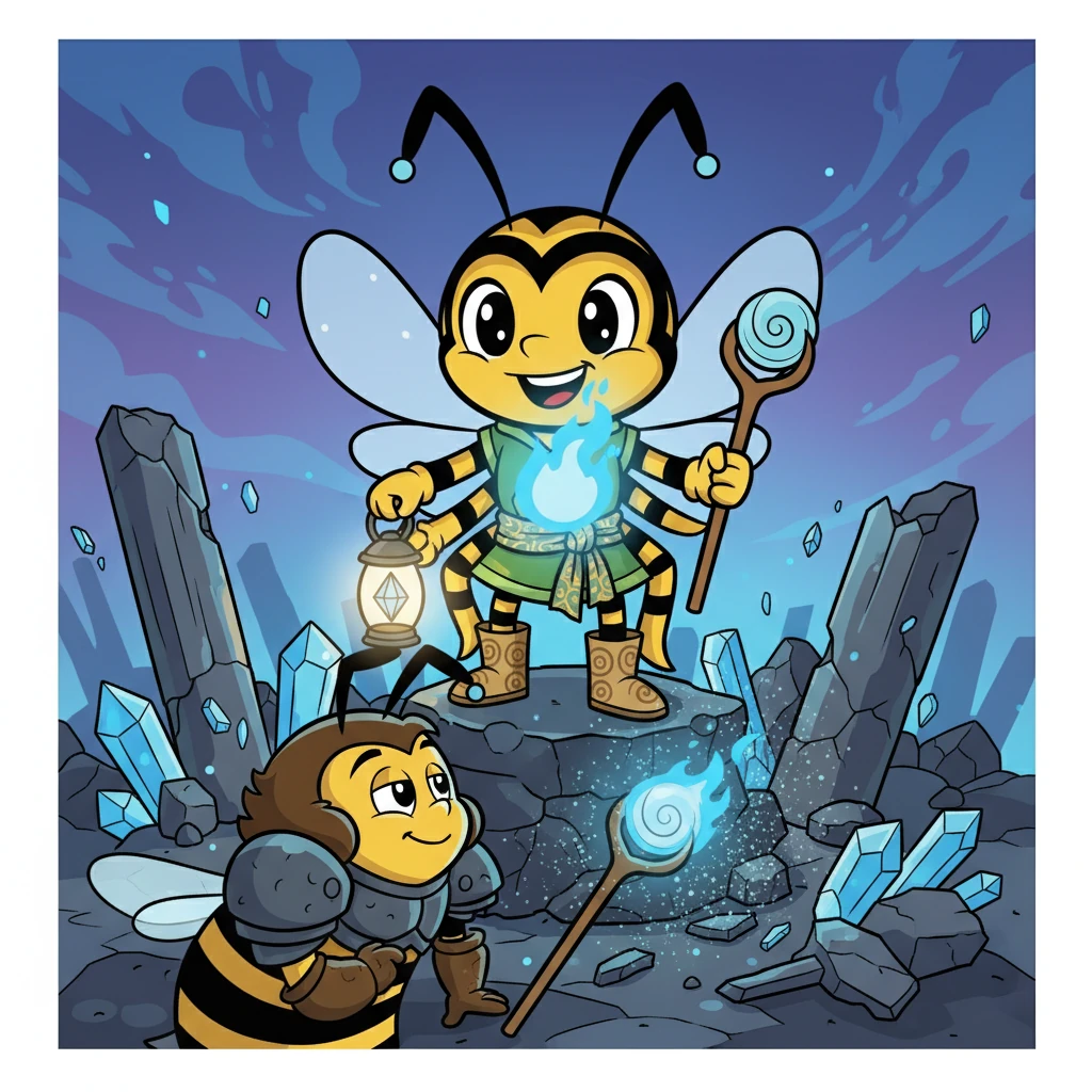 Hornet vence a batalha, e Lumescor cai de joelhos, sua luz enfraquecendo. Ele sorri, reconhecendo sua vitória. A chama azul se divide, metade dela se unindo a Hornet, um símbolo da sabedoria conquistada.