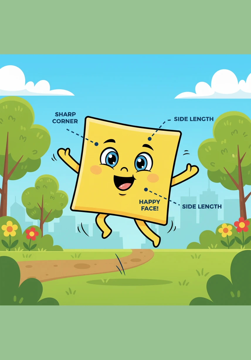 Sammy was a bright yellow square who lived in a vibrant world made of shapes and colors. He loved his four equal sides and four sharp corners, always feeling perfectly balanced as he bounced through the meadows of Shape Land.
