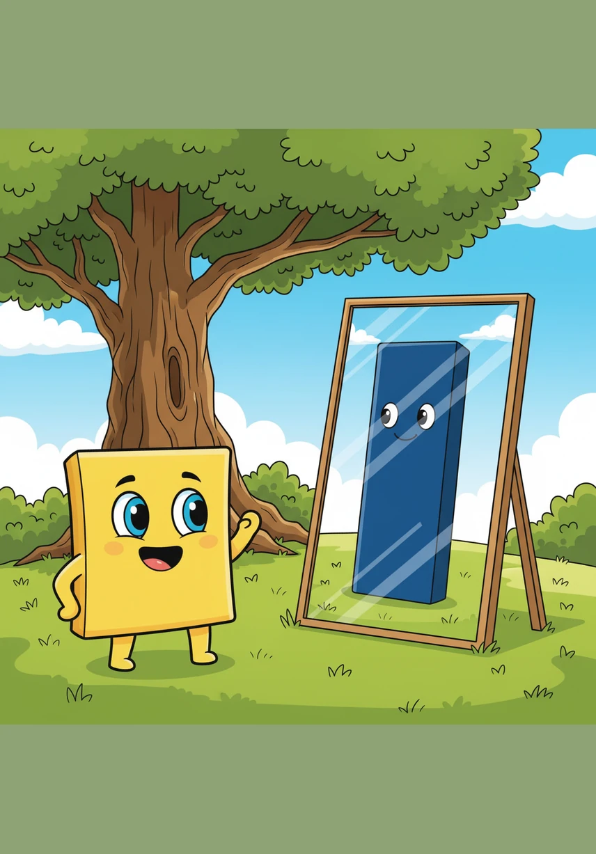 One sunny afternoon, Sammy discovered a tall, shimmering mirror standing all by itself under a giant oak tree. The glass was crystal clear, reflecting the green grass and the blue sky like a magical doorway.