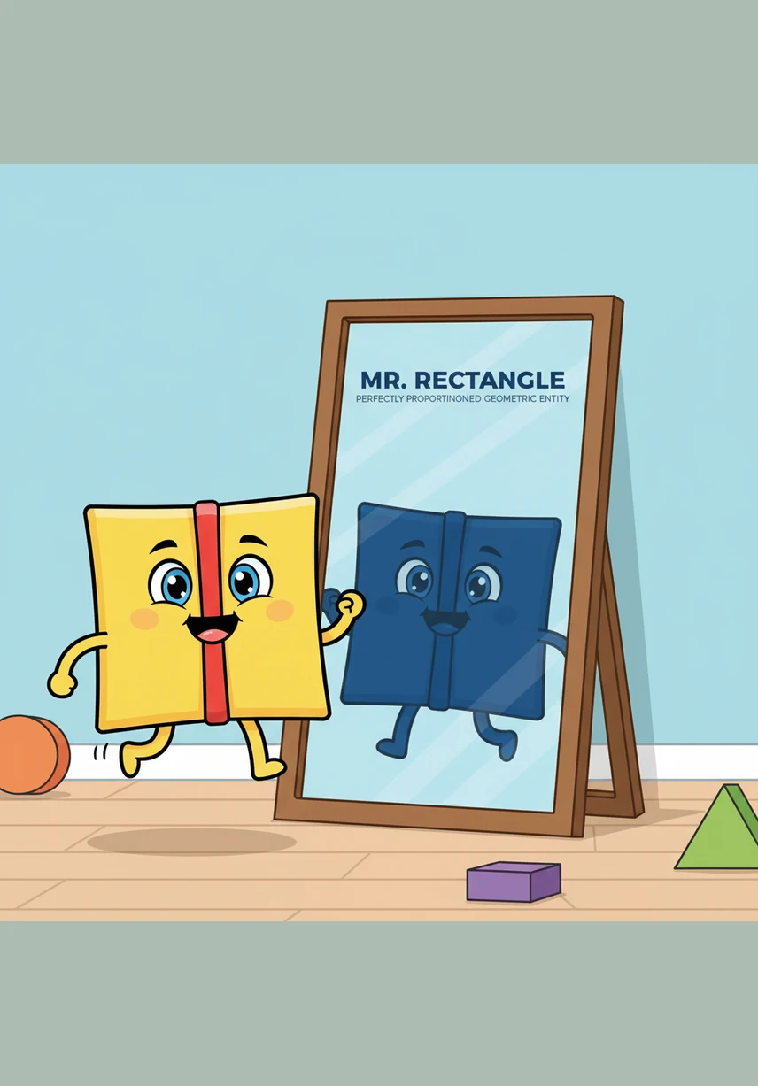 As Sammy hopped closer to the mirror, he saw another square hopping toward him. He realized with a giggle that the square in the glass moved exactly like he did, mirroring every tilt and turn.