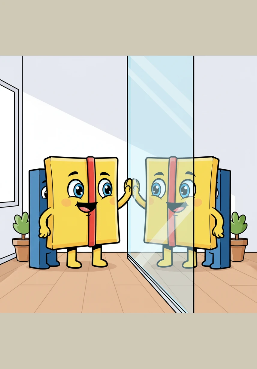 He noticed that the line where he touched the glass was like a secret divider. Everything on his left side had a perfect twin on the right side of the line, matching up perfectly in the reflection.