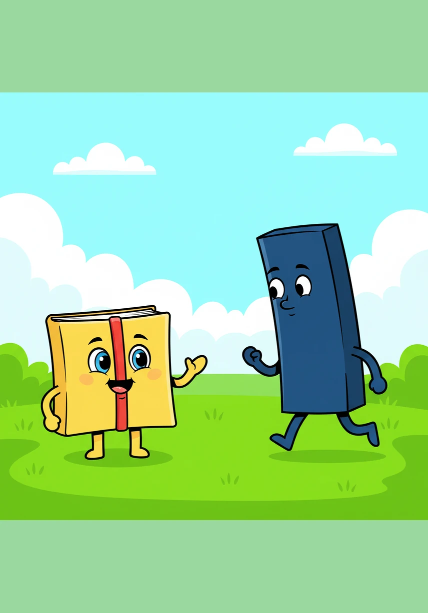 Excited by his discovery, Sammy called out to his tall friend, Mr. Rectangle, who was resting nearby. Mr. Rectangle trotted over, curious to see what had made Sammy so happy.