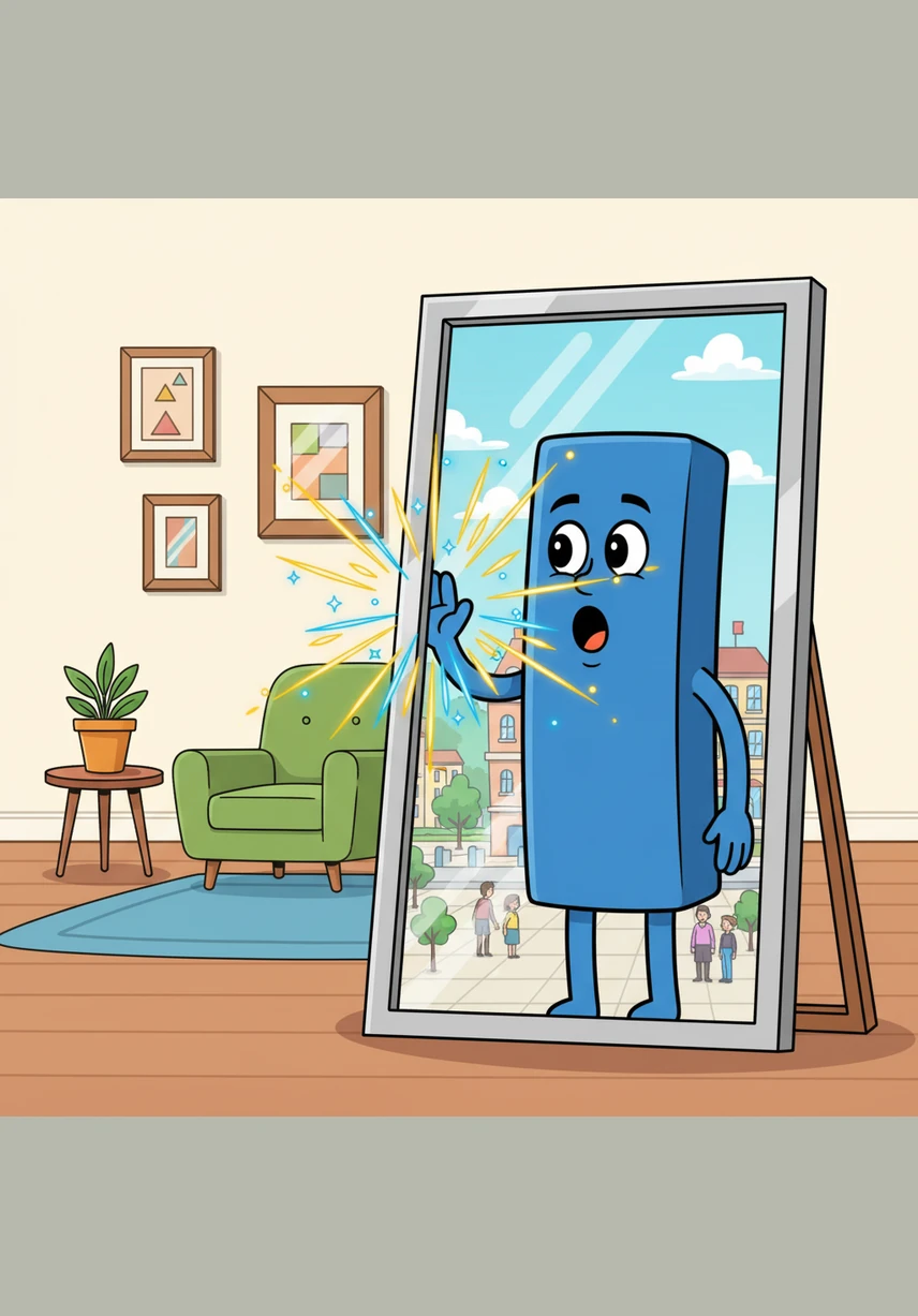 Mr. Rectangle leaned against the mirror, and just like Sammy, he saw a twin version of himself appear. They both marveled at how their shapes looked exactly the same on both sides of the invisible line.