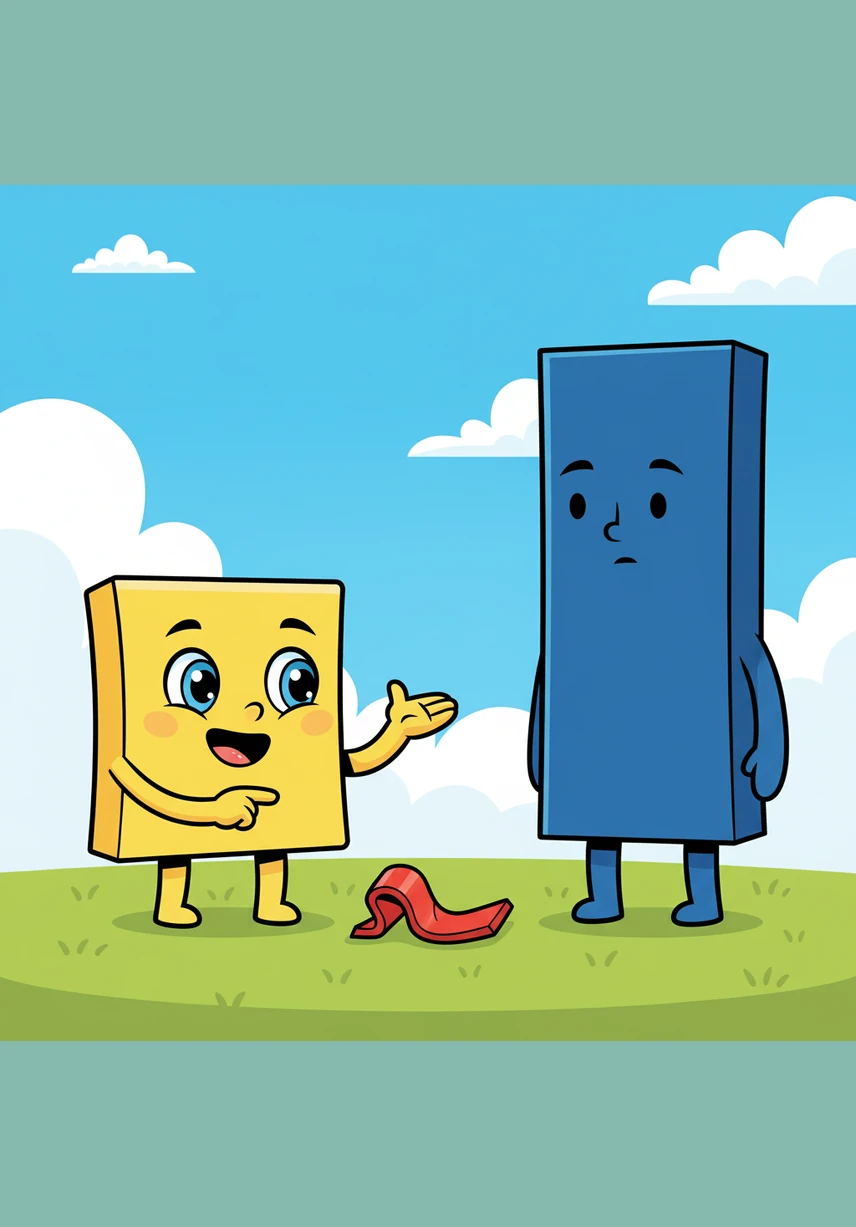 Sammy found a long, bright red ribbon and laid it straight down the middle of his body while standing on the grass. He showed Mr. Rectangle how the ribbon created two sides that were mirror images of each other.