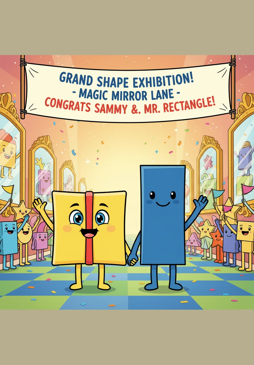 Sammy and Mr. Rectangle named their new favorite spot Magic Mirror Lane. Now, all the shapes in the land come to the mirror to find their own twins and celebrate the beauty of being perfectly symmetrical.