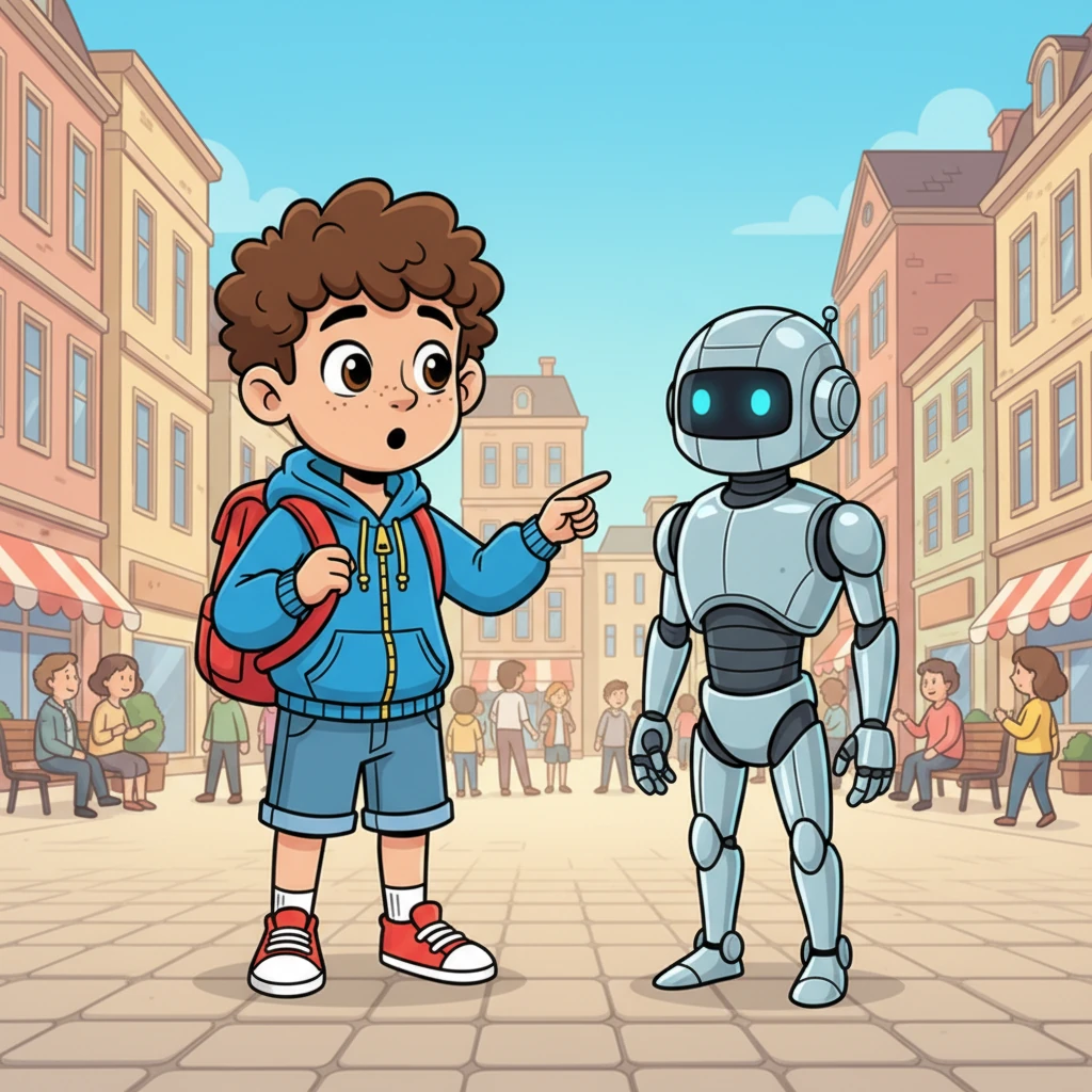 One sunny afternoon, Samy, with his bright red backpack, spotted something extraordinary in the bustling city square. A sleek, metallic humanoid robot, Aibot, stood perfectly still, observing the world with glowing blue eyes. Samy's eyes widened with wonder and a spark of curiosity ignited within him.