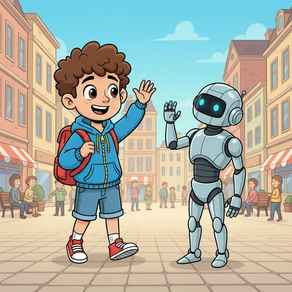 Bravely, Samy walked closer to Aibot, a friendly smile spreading across his face. He waved hello, and Aibot, with a whirring sound, turned its head and offered a polite, somewhat stiff, wave back. Samy felt an instant connection to the peculiar new friend.