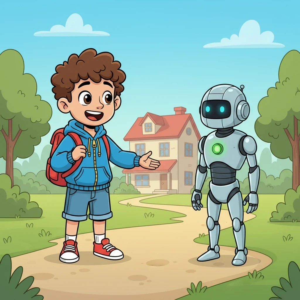 "Hi, I'm Samy! Would you like to come to my house?" Samy asked, his voice full of excitement. Aibot tilted its head, processing the invitation, then a small, green light blinked on its chest, indicating acceptance. Samy's heart fluttered with joy.