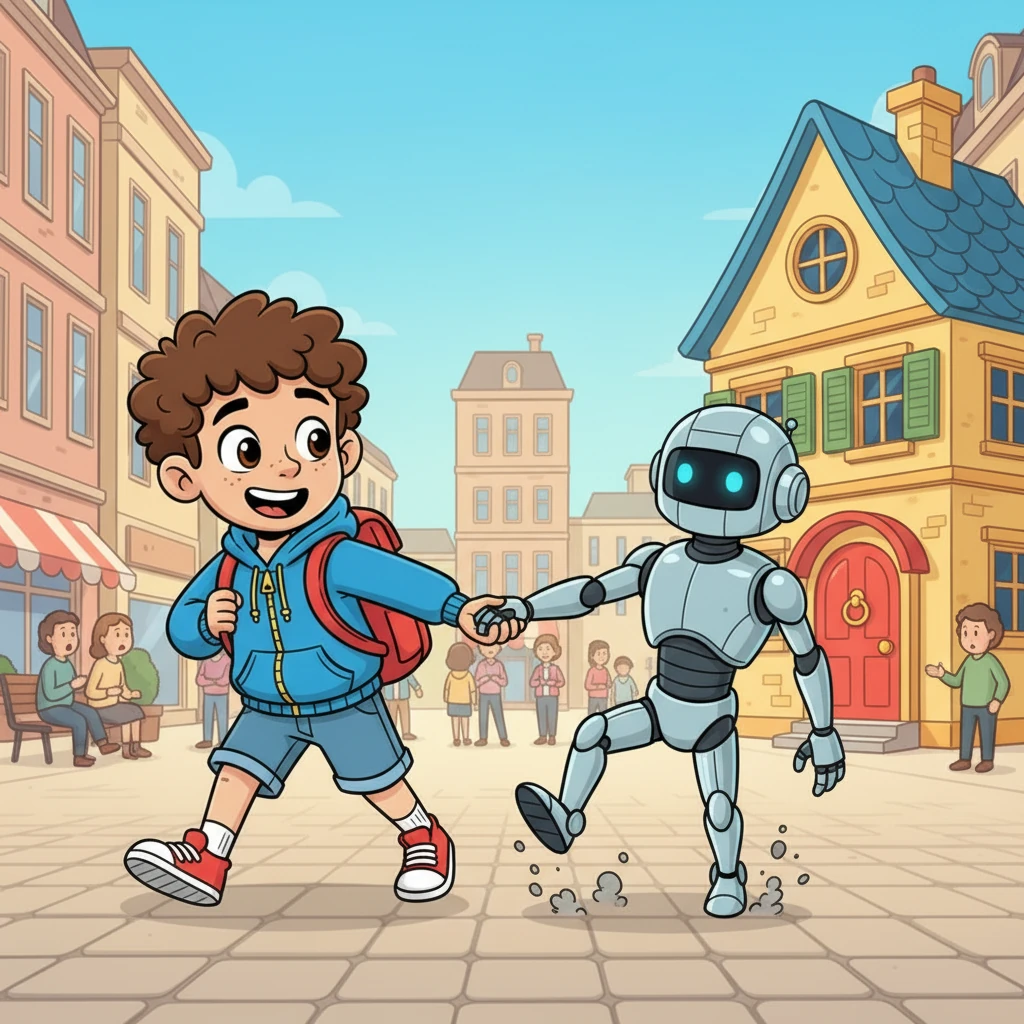 Aibot followed Samy through the lively streets, its metallic feet making soft clanking sounds on the pavement. People stared, but Samy just grinned, proud of his unusual companion. Soon, they arrived at Samy's cozy house, a place full of warmth and color.