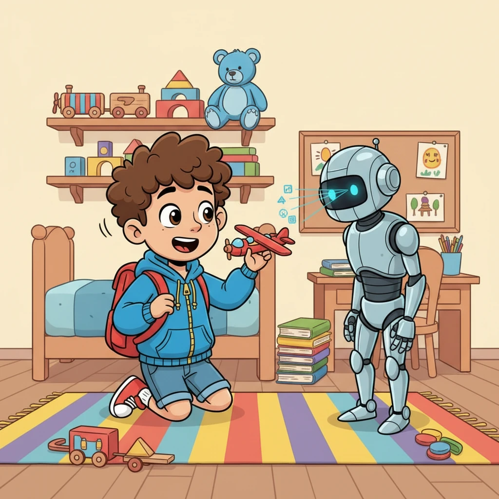 Inside, Samy eagerly showed Aibot his room, filled with toys, books, and drawings. Aibot meticulously scanned each item, its blue eyes glowing with data collection. Samy explained the fun behind each toy, trying to convey the feeling of play.