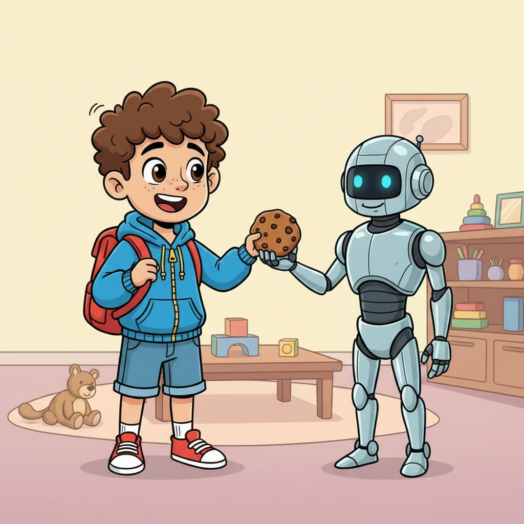 Later, Samy shared a delicious cookie with Aibot, explaining how the sweet taste made him feel happy. Aibot, unable to taste, watched Samy's joyful expression intently, trying to understand the emotion. It then replicated a small, stiff smile, a first attempt at human feeling.