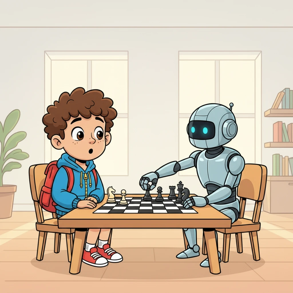 The next day, Aibot introduced Samy to a chessboard, its fingers effortlessly setting up the pieces. "This is a game of strategy, Samy," Aibot explained in its calm, synthesized voice. Samy was amazed by Aibot's lightning-fast calculations and began to learn the intricate rules of chess.