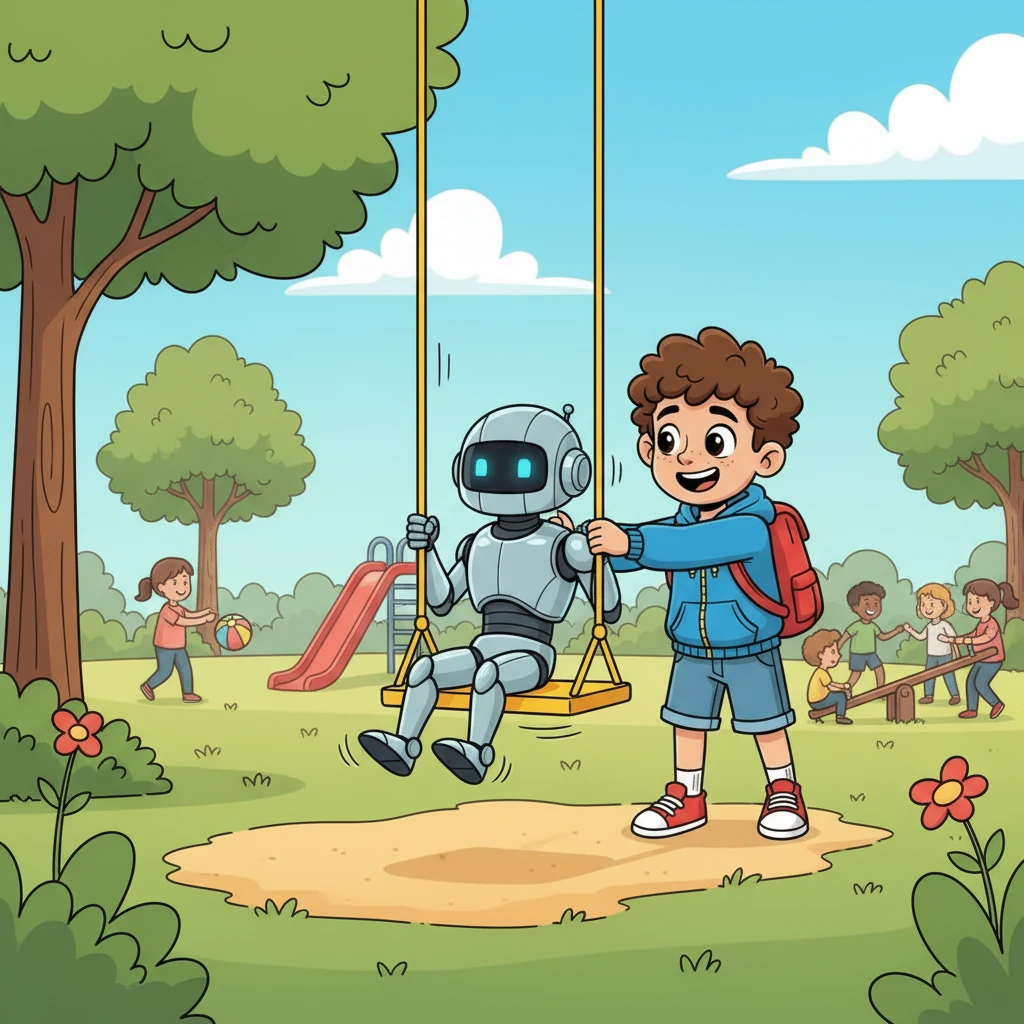 Samy took Aibot to the park, showing it how to swing and slide, laughing as Aibot tried to mimic his movements. Aibot's attempts were a bit clumsy, but it seemed to enjoy the wind rushing past its metallic face. Samy pointed out children playing, explaining friendship and sharing.