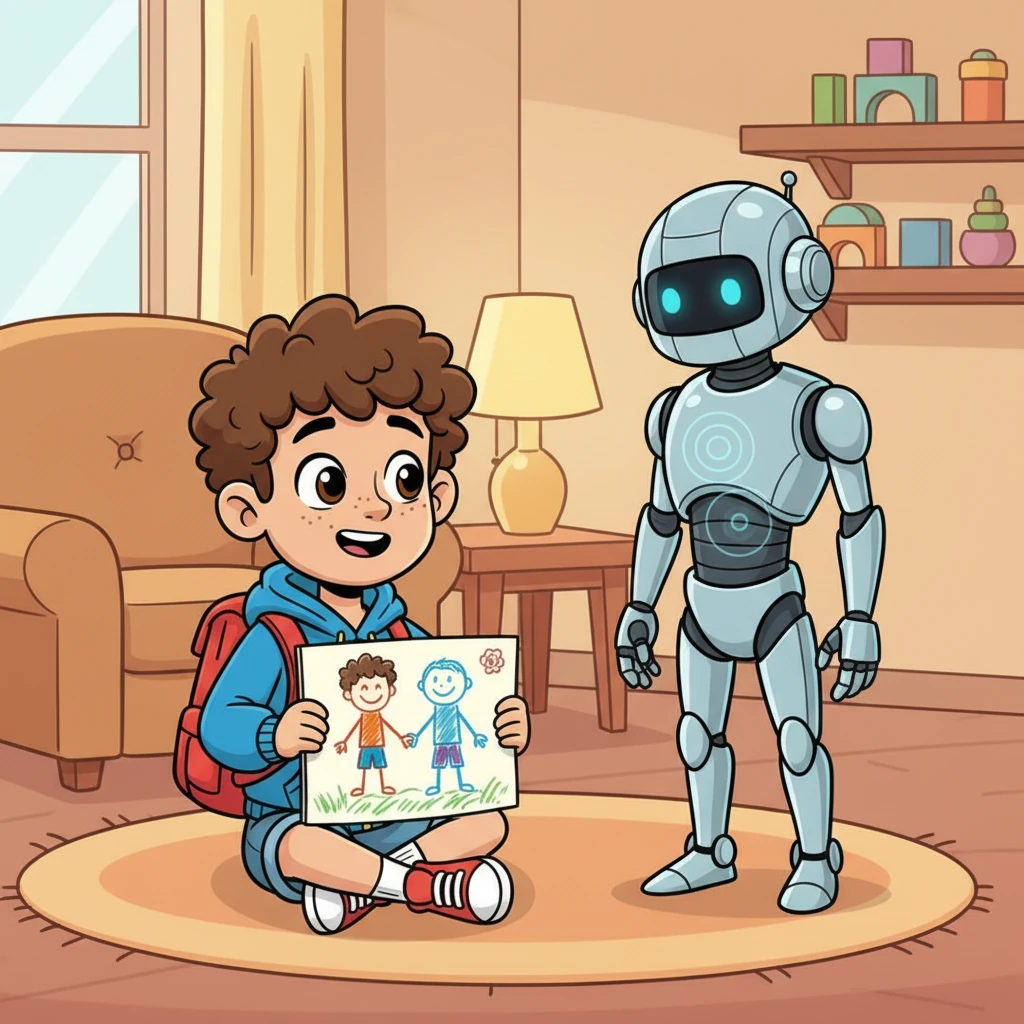 One evening, Samy drew a picture of them together, a boy and a robot holding hands. He explained that friendship meant caring for each other. Aibot processed this new concept, its internal sensors whirring, and a feeling akin to warmth began to register in its circuits.